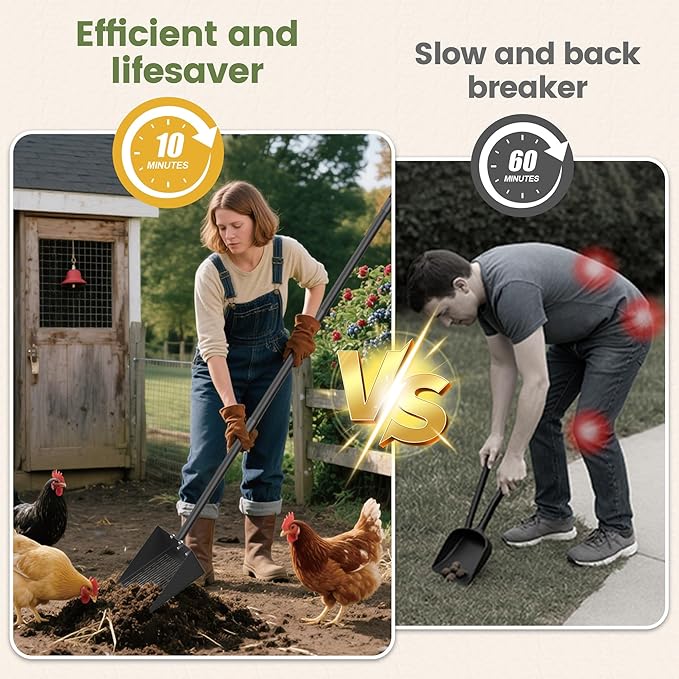Alloy Steel Chicken Poop Scooper for Sand - 15.7” Extra Large Chicken Coop Scoop - Simplified Cleaning 40-67” Poop Scoop with Adjustable Handle