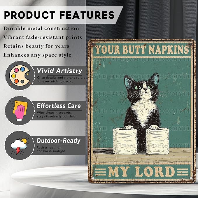Funny Cat Vintage Metal Tin Sign Your Napkin My Lord for Bathroom Wall Decor 12 * 16inch