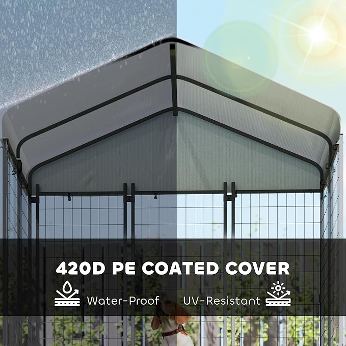 PawHut 6' x 4' x 6' Outdoor Dog Kennel, Welded Wire Dog Kennel Outside Run with 360° Rotating & 4 Level Adjustable Bowls, Waterproof & UV Resistant Cover, for S&M Breeds, Chickens, Ducks, Silver