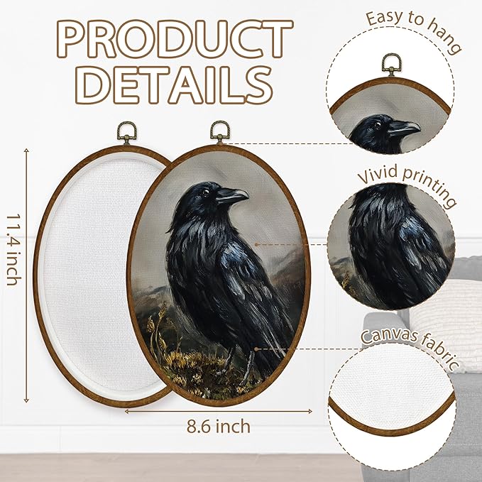 WULQYING Vintage Halloween Crow Wall Art Decor, Gothic Moody Bird Oval Framed Canvas Art Prints, Dark Academia Cottagecore Raven Wall Hanging Decor for Home Bedroom Living Room, 8.6x11.4 Inches