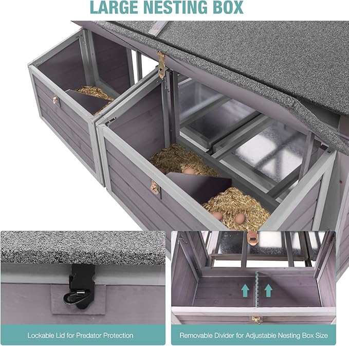 Chicken Coop with Strong Iron Frame, 68.1" L Large Wooden Poultry Cage with 8.1" Big Wheels, Outdoor Chicken House with Two Nesting Boxes for 6 Chickens