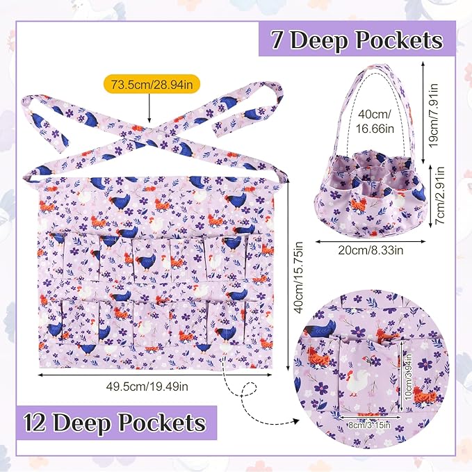 Egg Collecting Apron and Basket Set (2 Pack), Chicken Egg Collector with 12 Deep Pockets and 7 Pockets Basket for Hands-Free Harvesting, Farm Fresh Eggs, Backyard Chickens, Durable Poultry Accessories