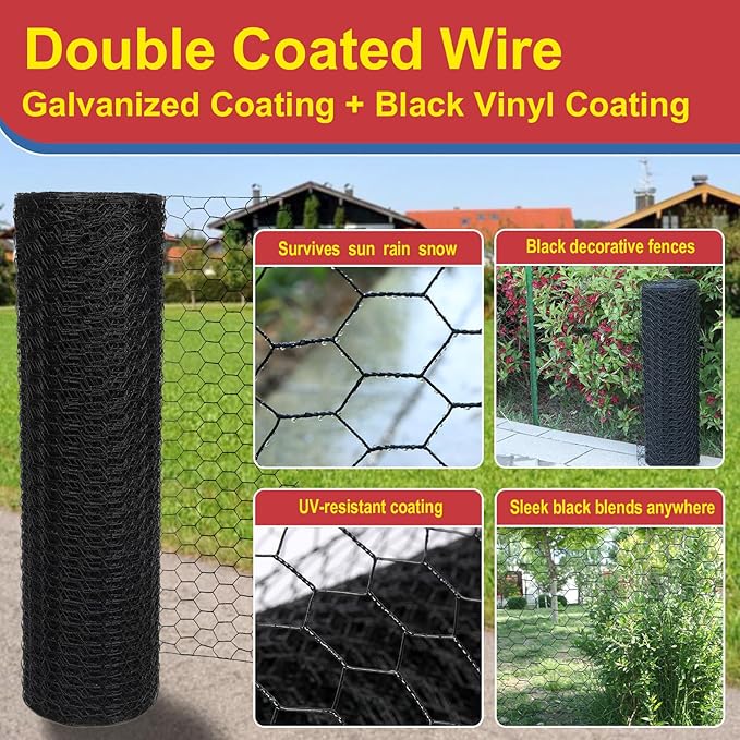 Black 19GA Chicken Wire 60inx150ft, Chicken Wire Fencing, Garden Fence, Metal Poultry Wire Netting, Galvanized PVC Coated Mesh for Animal/Rabbit/Floral/Chicken Coop/DIY Projects.