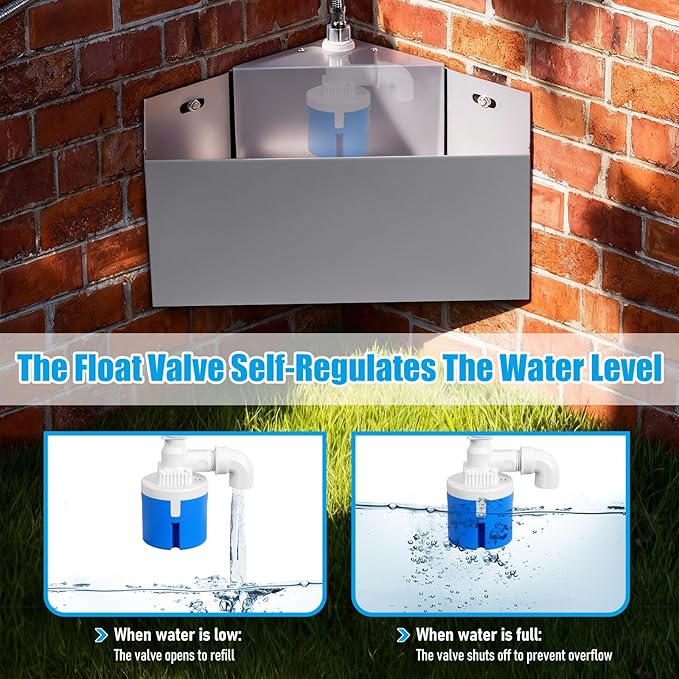 1.6Gal Automatic Livestock Waterer with Float Valve, Self-Filling Drinking Trough Corner Wall Mount, Stainless Steel Dog Water Feeder for Horse Goat Cattle Pets