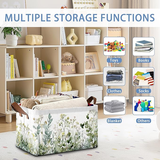 Wildflowers Herb Plants Storage Baskets,Foldable Large Capacity Organizer Bins with Waterproof Lining and Leather Handles for Closet,Shelf,Bedroom 17x11.5x10Inch