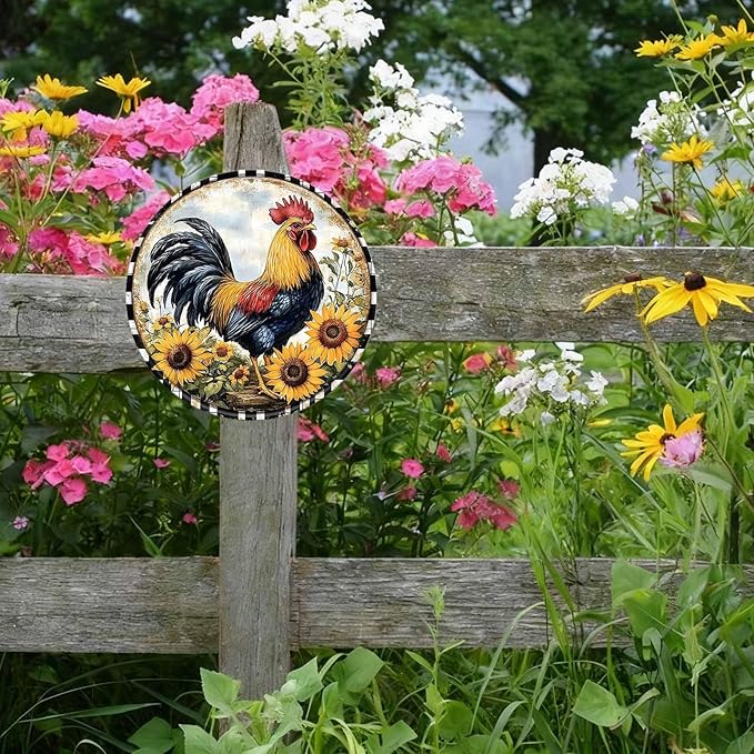 Chicken Round Metal Tin Sign Wreath Rustic Farm Rooster Animal Vintage Wall Art Decor for Home Kitchen Bar Decor 12x12inch