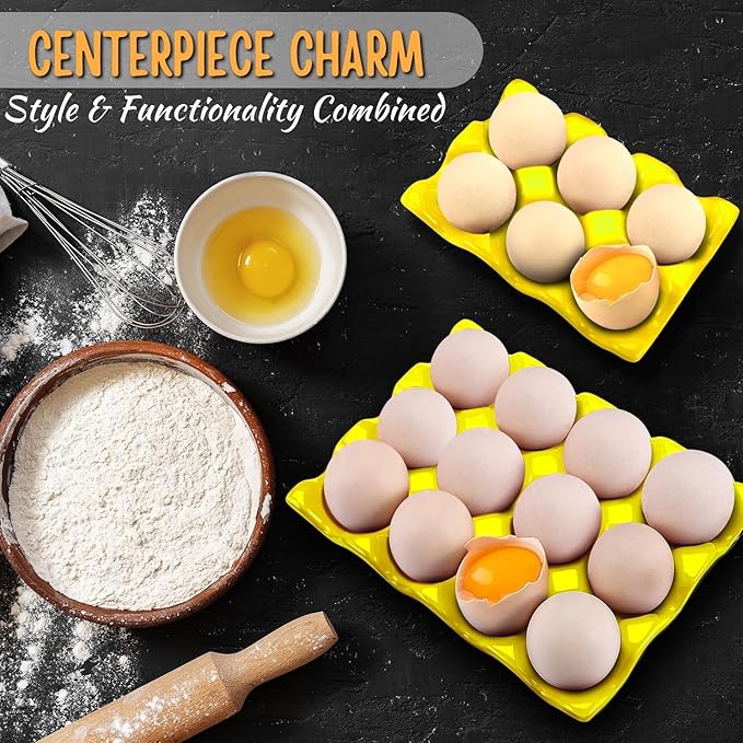 Flexzion 12 + 6 Cups Ceramic Egg Holder for Fridge - 18 Porcelain Egg Tray Container Keeper Storage Organizer Decorative Serving Stand Serveware for Refrigerator Countertop Display Kitchen (Yellow)