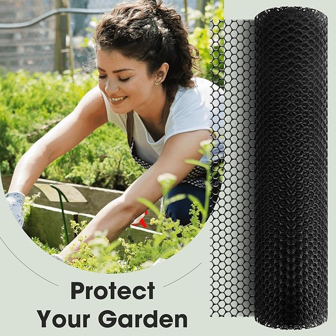 Unves Plastic Chicken Wire, 15.7IN x 10FT Plastic Mesh Wire Fencing Roll, Hexagonal Garden Fencing Netting for Poultry Floral Dogs Rabbit Pets Barrier, 0.3" Mesh Hexagonal Fence Roll, Black
