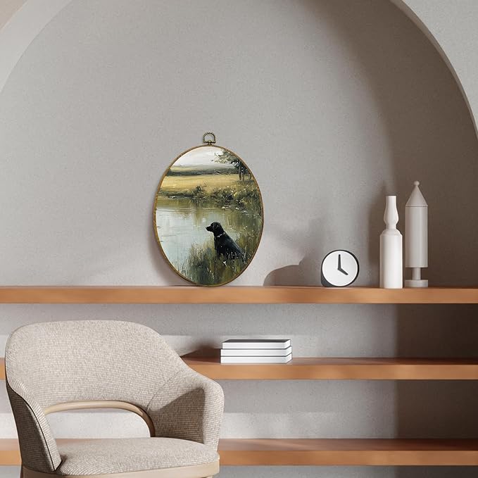 CUANFDDSF Vintage Black Labrador Landscape Oval Wall Art Decor, Countryside Cottagecore Farmhouse Cabin Wall Hanging Decor, French Country Framed Canvas Prints for Bedroom Living Room, 8.6x11.4 Inch