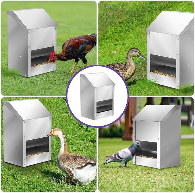 Stainless Steel Chicken Feeders 12 Lbs No Waste Poultry Feeder with Lid Weatherproof Metal Hanging Chicken Feeder, Coop Food Dispenser No Waste for Chicken & Duck