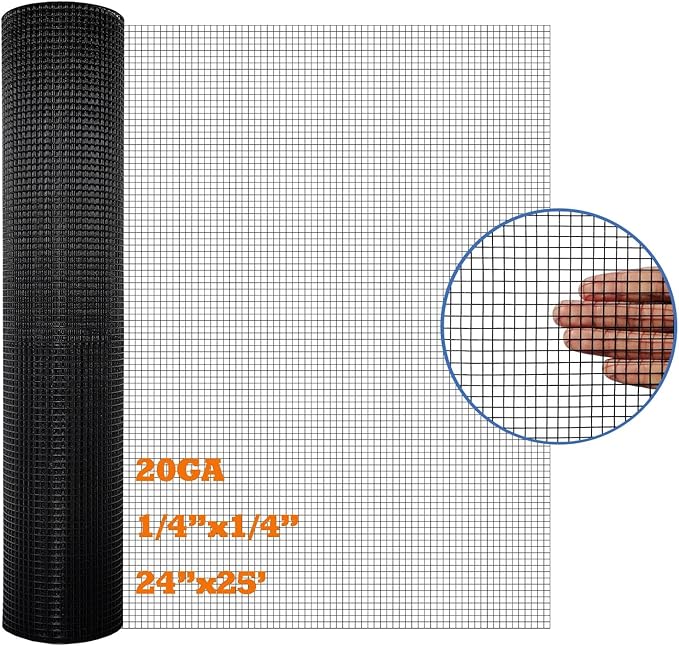 Black PVC Coated Hardware Cloth 24 Inch x 25 Foot -1/4 Inch x 1/4 Inch 20GA