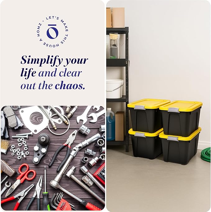 Homz 22-Gallon Durabilt Plastic Stackable Home Office Garage Storage Organization Container Bin w/Latching Lid and Handles, Black/Yellow (4 Pack)