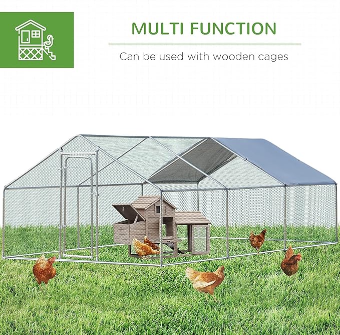 Large Metal Chicken Coop, Walk-in Poultry Cage Galvanized Hen Playpen House with with Water-Resident and Anti-UV Cover, Duck Rabbit House Outdoor, Backyard Farm, 9.8' L x 19.7' W x 6.5' H