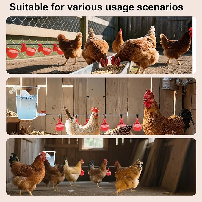 Automatic Chicken Watering System Including 8 Chicken Water Cups, 6 Meters Black Plastic Hose, Other Pipe Accessory, Float Valve Automatically dispenses Water, Making Poultry Feeding Easy