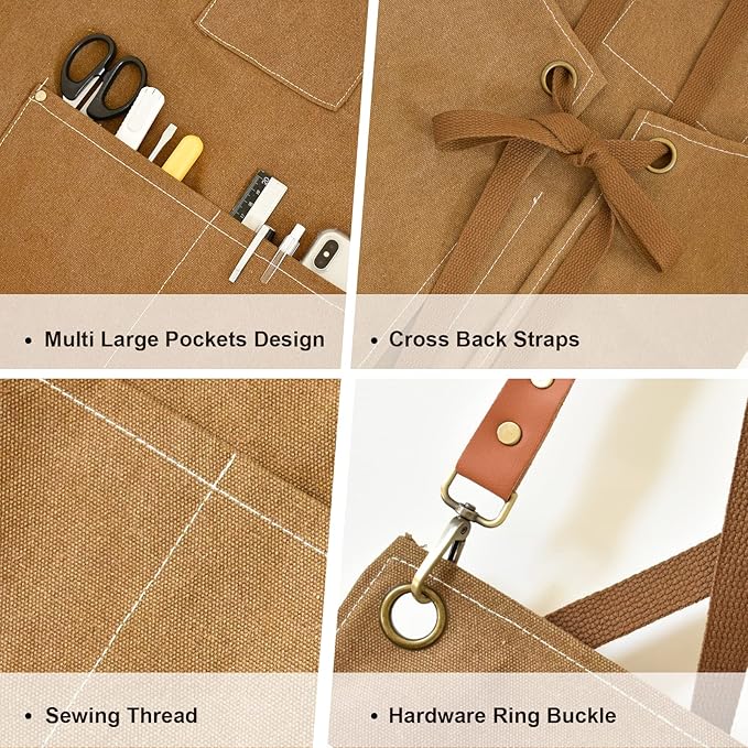 Chef Apron for Men Women Canvas Aprons with 3 Pockets Cross Back Resistant Work Apron for Cooking