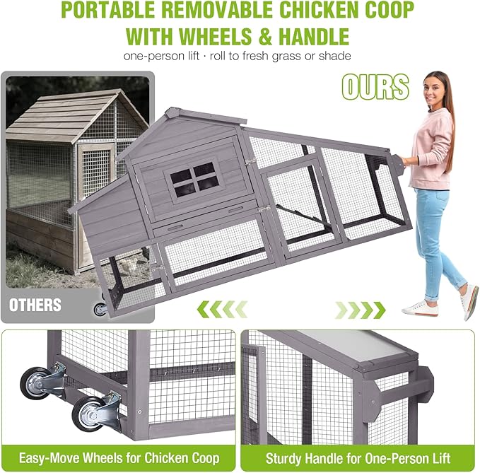 GUTINNEEN Large Chicken Coop on Wheels, Expandable Outdoor Mobile Chicken House, Hen House Poultry Cage with Nesting Box, Leakproof Pull-Out Tray & UV-Resistant Roof – Grey