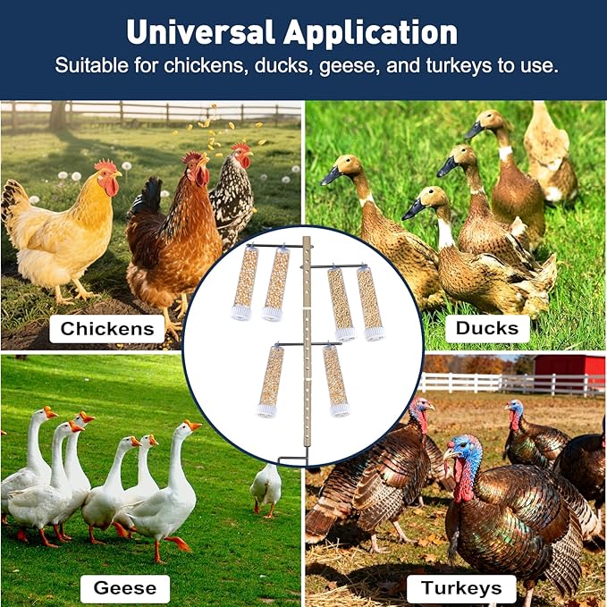 Upgraded Chicken Treat Dispenser, Adjustable Indoor/Outdoor Ground Pole&3 Support Rods, 6 Clear Treat Tubes with Different Types, Easy to Install&Add Food, Fits for Small, Medium&Large Treats