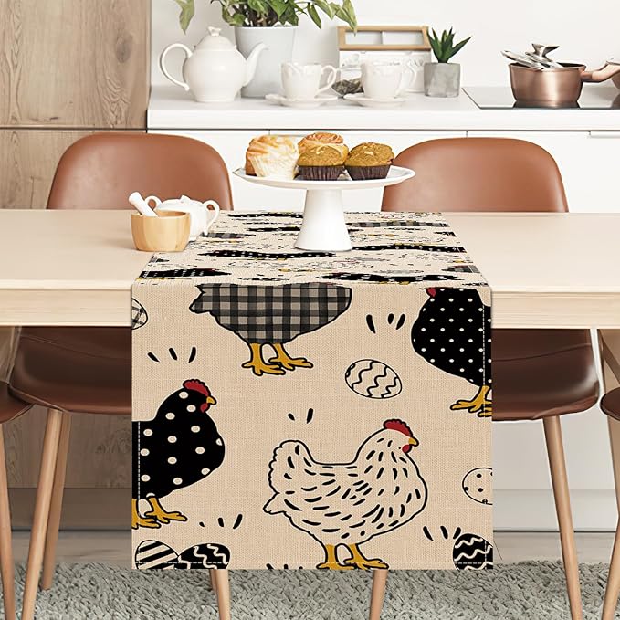 Seliem Chicken Hen Table Runner, Black White Eggs Plaid Polka Dots Farm Kitchen Dining Table Decor, Spring Farmhouse Burlap Home Decoration Indoor Outdoor Party Supply 13 x 72 Inches