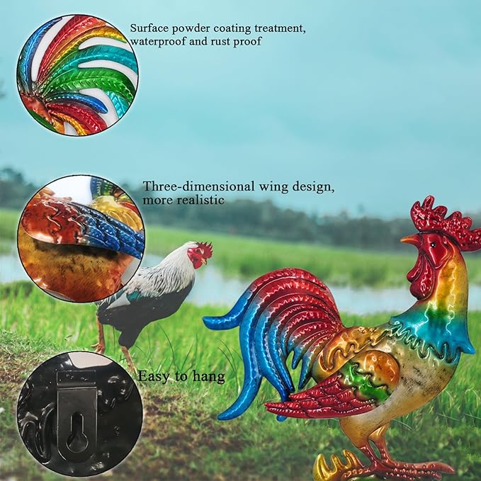 Tuokiuhn Rooster Metal Wall Art Decor Rooster Kitchen Decor Chicken Decor Living Room Bedroom Farmhouse Cabin Country Hanging Decorations Outdoor Garden Fence Art.