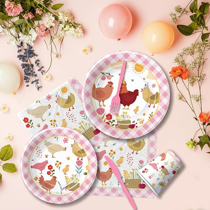 Chicken Party Decorations Tableware for Birthday Baby Shower, Farm Animal Barnyard Little Chick Birthday Party Supplies, Plate, Cup, Napkin, Straws, Disposable Cutlery, Tablecloth, 24 Guests