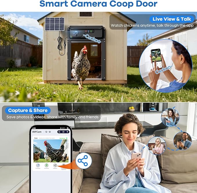 WiFi Automatic Chicken Coop Door with Camera, APP Remote Control, Smart Solar Powered Auto Chicken Door Opener with Timer, Night Vision, Anti-Pinch Safety, Smart Alerts, Space-Saving Roll-Up Design