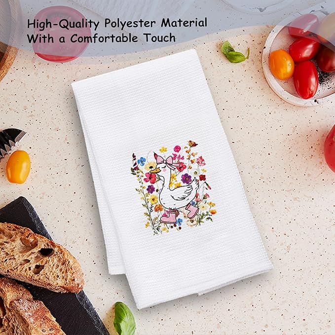 Floral Goose Kitchen Towels, Coquette Bow Silly Goose Hand Towels for Bathroom Kitchen, Funny Farm Animal Geese Decorative Dish Towels Drying Cloth, 16x24 Inch