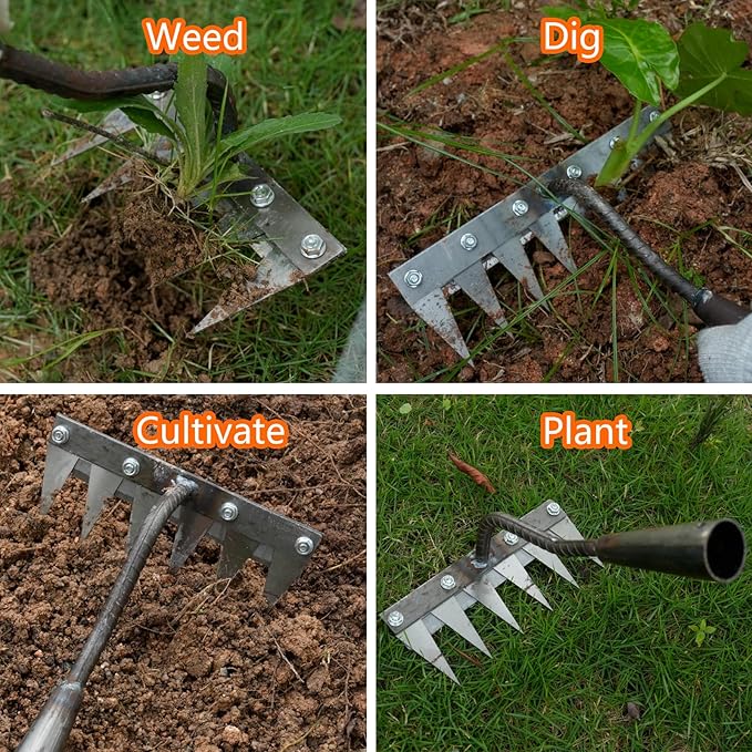 Weeding Rake for Gardening, Gardenia Iron Rakes for Backyard, Lawn, Small Farm, Rake with Sharp Metal Teeth，Heavy Duty Garden Tool for Weeding Without Handles (8 Tines)