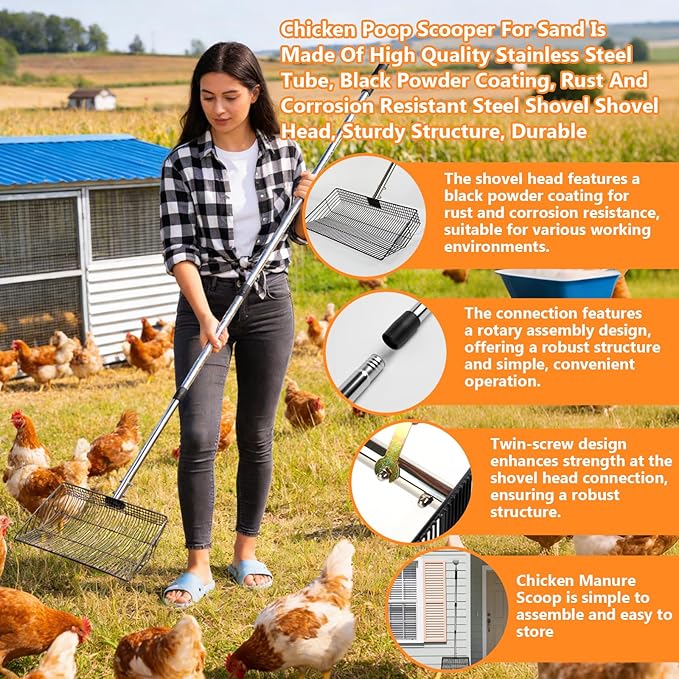 Chicken Poop Scooper for Sand, 15-Inch Large Adjustable Metal Chicken Manure Scoop, Chicken Coop Scooper for Sand Suitable for Chicken Coops, Rabbit Coops, Stables, Gardens, Beaches
