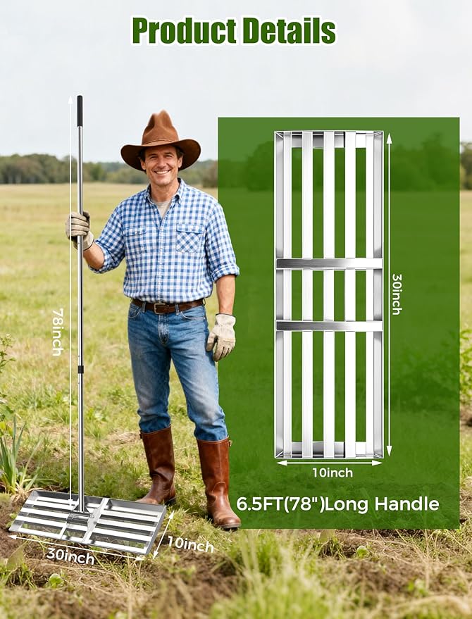 Lawn Leveling Rake 30"x10", Professional-Grade Stainless Steel Lawn Leveler Tool with 78" Adjustable Handle, Heavy Duty Anti-Fracture Connectors, Landscape Rake for Backyard, Garden, Golf Course, Farm