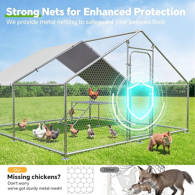 Large Metal Chicken Coop with Roosting Ladder, UV-Resistant and Waterproof Cover, Outdoor Walk-in Cage Hen House for Yard Farm Rabbit Duck Chicken Run, Spire Roof (13.1'W x 9.8'L x 6.4'H)