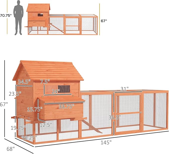 PawHut 145" Chicken Coop Large Chicken House Rabbit Hutch Wooden Poultry Cage Pen Garden & Backyard with Run & Inner Hen House Space