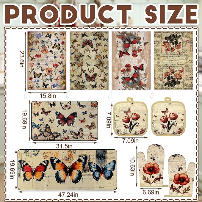 10 Pcs Butterfly Kitchen Dish Towels Rugs Oven Mitts and Pot Holders Set Farmhouse Kitchen Decor Set for Women Mom Daughter Gift Cooking Baking Grilling(Classic Colors)