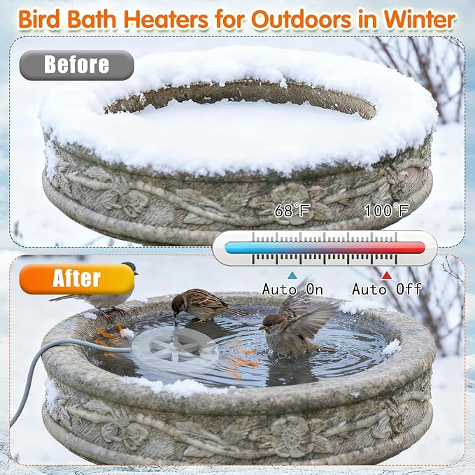Bird Bath Heater for Outdoors in Winter, Heated Bird Bath Submersible for Winter Full-Covered Aluminum, Pond Deicer with Thermostatic Control, Bird Bath Water Heater for Bird Chicken Livestock, 70W