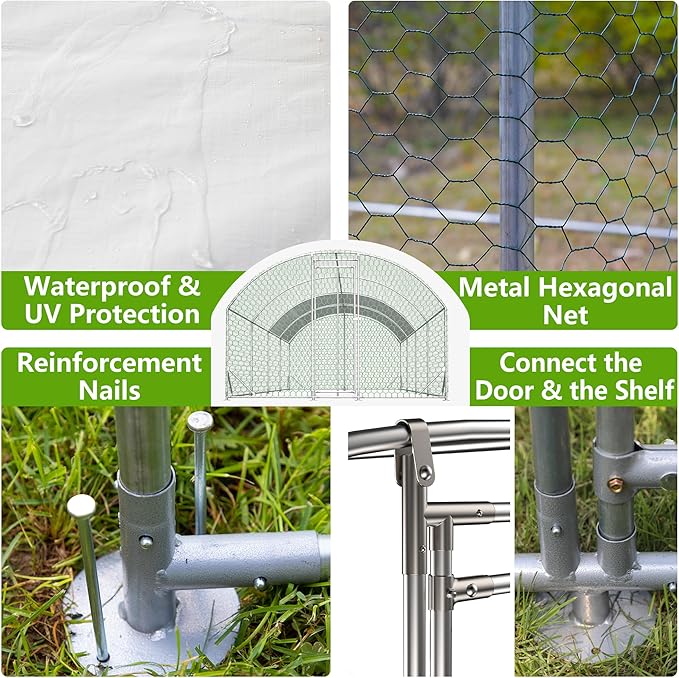 Large Metal Chicken Coop, Walk-in Chicken Run Pen with Waterproof Anti-UV Cover, Dome Roof Poultry Cage for Outdoor, Backyard, Farm (26'W x 9'L x 6'H)