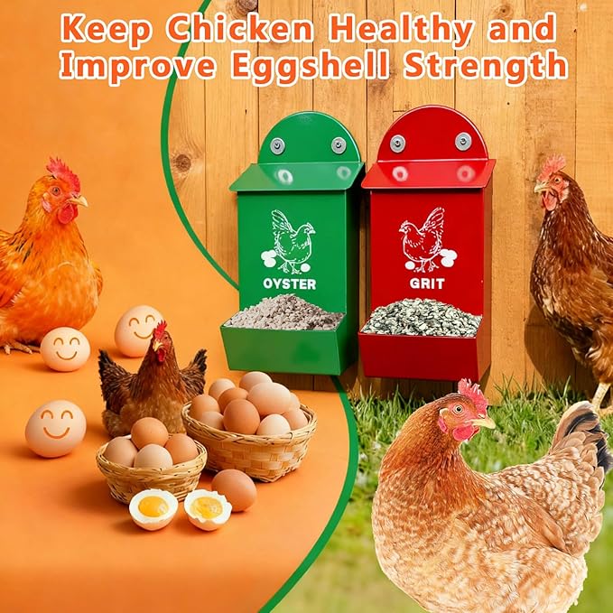2 Pack Chicken Feeder,Large Capacity Oyster Shell Feeder with Lid,Metal Chicken Grit and Oyster Shell Feeder with 1 Scoop,Heavy-Duty Chicken Coop Accessories Rust Proof
