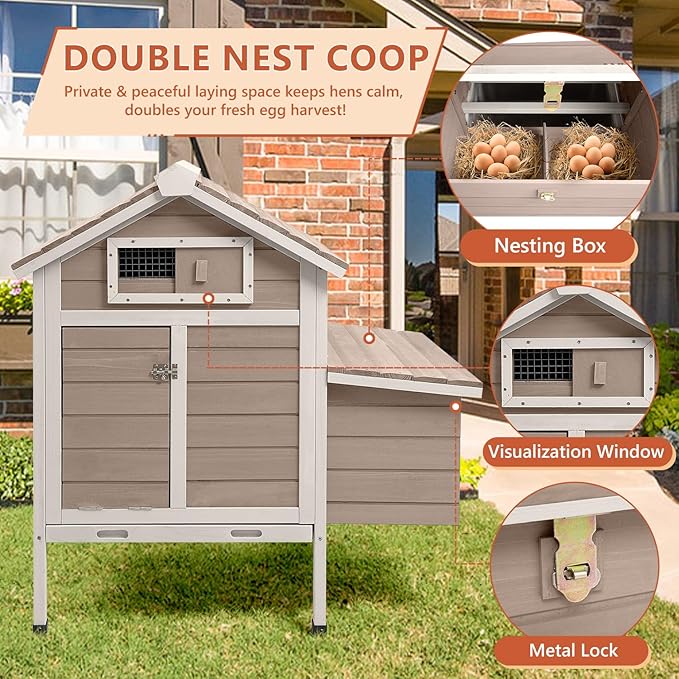 Chicken Coop Chicken House Outdoor with 2 Nesting Box, Wooden Small Chicken Coop Hen House with Removable Trays, Ramp for 1-2 Chickens (32" L x 23.6" W x 36.6" H)