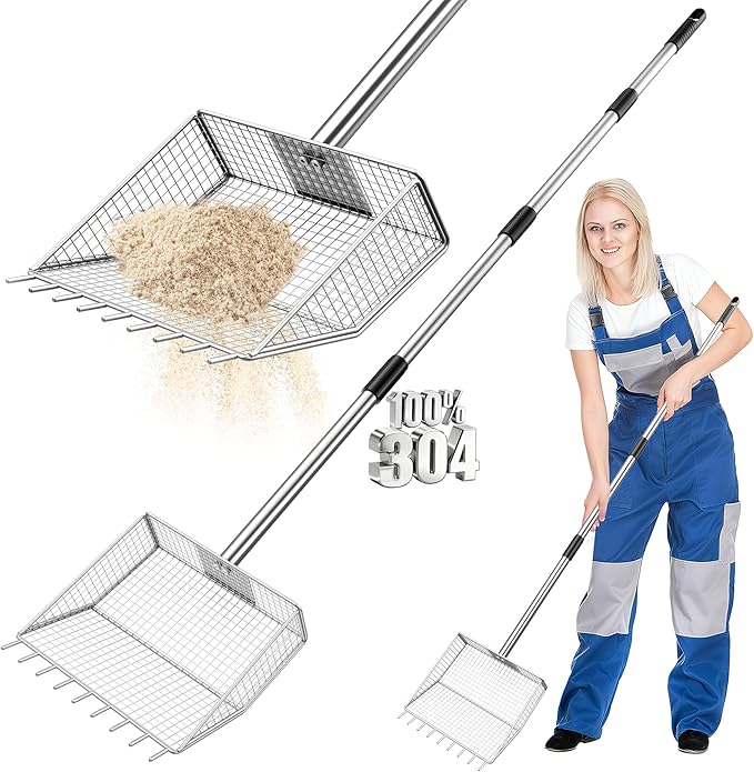 Chicken Poop Scooper & Rake 2-in-1,304 Stainless Steel Rustproof Shovel Head with 35" to 62" Adjustable Handle,Coop Cleaning Tool Scoop,Sifting Shovel for Goat Stall/Stable/Farm