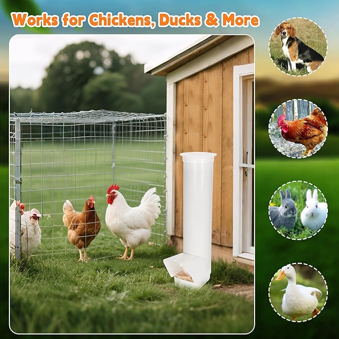 2026 Automatic Chicken Feeder Outdoor, Large Capacity PVC Pipe Hanging Chicken Coop Feeder, with Cover, No Waste and Rainproof Design, Used for Long-Term Feeding of Chickens