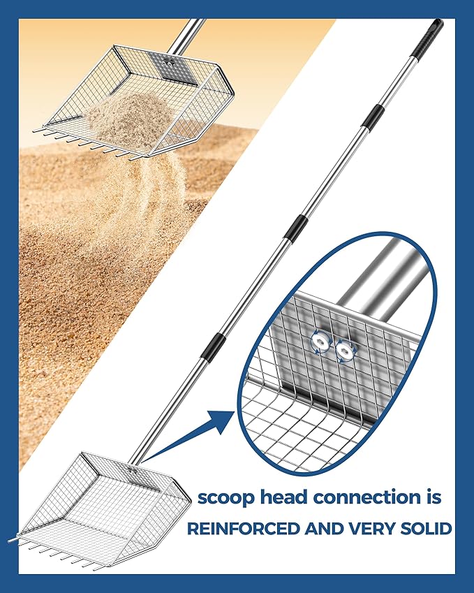 Chicken Poop Scooper & Rake 2-in-1,304 Stainless Steel Rustproof Shovel Head with 35" to 62" Adjustable Handle,Coop Cleaning Tool Scoop,Sifting Shovel for Goat Stall/Stable/Farm