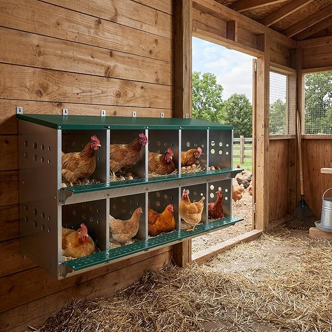 10 Compartment Nesting Boxes for Chickens with Large Vented Holes Roll Away Nesting Boxes Wall Mountable Laying Box Indoor & Outdoor Use Easy Egg Collection for Chicken Coop, Backyard, Farms, Green