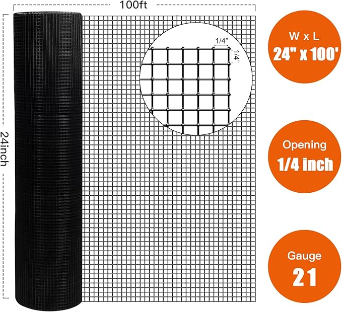 24" x 100' 1/4inch Hardware Cloth, Black Vinyl Coated Chicken Wire Fence Galvanized Welded Mesh Roll for Home Garden Rabbit Cage