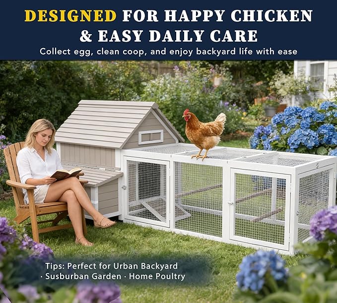 Large Wooden Chicken Coop with Run for 2–6 Chickens Outdoor Hen House with Raised Floor, Weatherproof Roof, 6 Nesting Boxes, 3 Perches & Slide-Out Tray Hen Coop for Backyard Poultry Pets