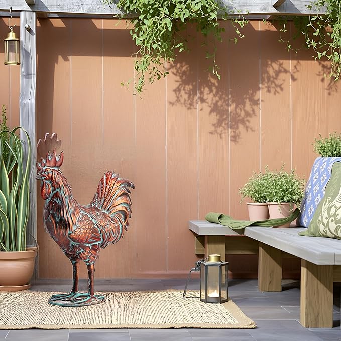 Metal Rooster Yard Decor 15.7" L x 18.8" H Large Outdoor Chicken Sculpture Yard Art Antique Copper Garden Statues for Backyard Patio Lawn Home Farmhouse Kitchen Decorations