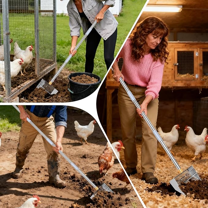 Chicken Coop Poop Scooper - 10" Wide Heavy Duty Metal Chicken Poop Scoop, 5-Level Adjustable Stainless Steel Handle (32" to 75"), 5-in-1 Multifunctional Litter Sifter for Coops