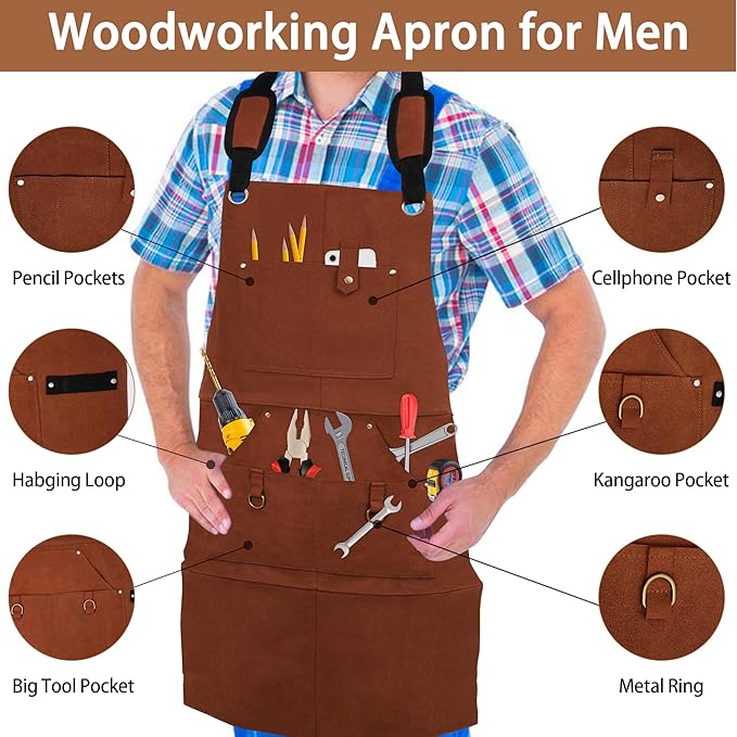 Heavy Duty Woodworking Apron for Men, Welding Apron with 6 Tool Pockets, Heat-Resistant Workshop Apron for Gardening, Carpenters, Blacksmiths, Grilling