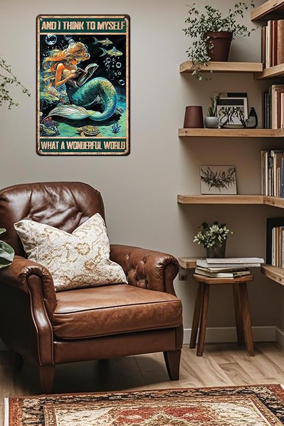 Mermaid Tin Sign And I Think To Myself What A Wonderful World Poster Home Decor Funny Home Decor Cave Bar Wall Decor 16x12 Inch