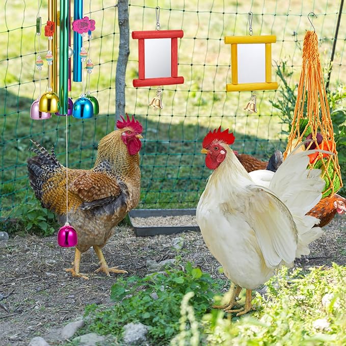 9 Pcs Chicken Toys for Coop, Wind Chime, Chicken Mirror Toys with Bells, Beak Grinding Stones Swing Vegetable Net Bag, Vegetable Fruits Hanging Fork for Hens Bird Parrot