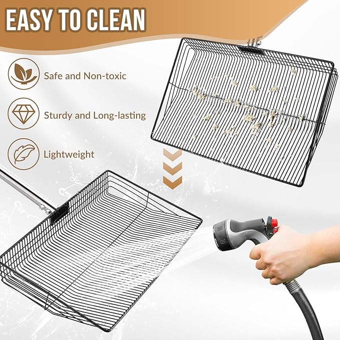 SlowTon Chicken Poop Scooper 15" Wide - Stainless Steel Chicken Coop Scoop Heavy Duty with 40 to 77" Long Handle for No Bending Work, Chicken Coop Litter Cleaning Tool Sand Sifting Shovel
