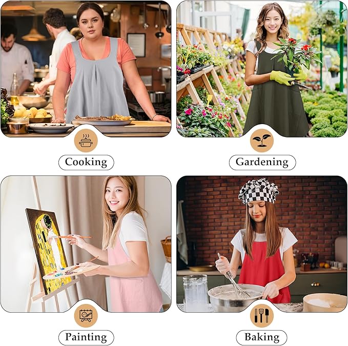 Apron for Women with Pocket Cotton Linen, Japanese Cross Back Apron for Gardening Painting