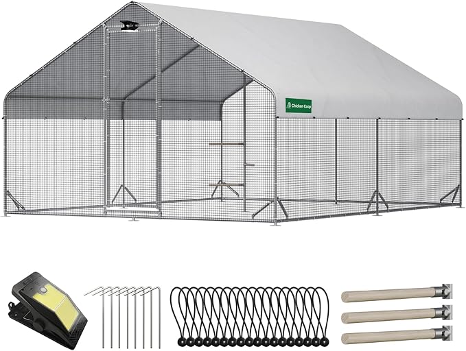 Large Walk-in Metal Chicken Coop with Chicken Run & Hardware Cloth, Solar Light, Waterproof & UV-Resistant Cover, Outdoor Poultry Cage for Farm Use,2 Room